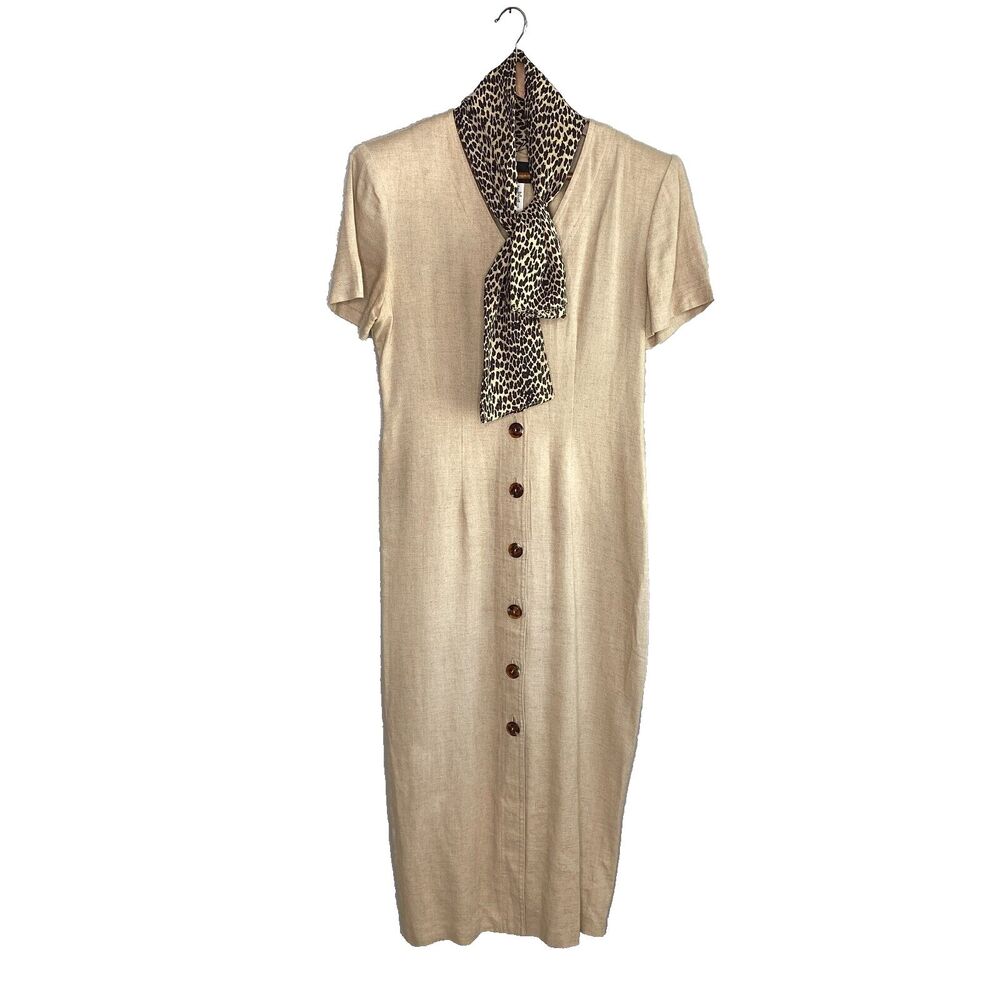 John Roberts VTG Linen Blend Dress Women's 6 Button Front 80s Scarf Beige Midi